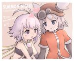  2girls anniversary antenna_hair bare_shoulders blue_eyes blush_stickers brown_helmet closed_mouth commentary_request crop_top dress hair_through_headwear heart helmet highres multiple_girls namakura_g open_mouth pratty purple_eyes red_dress short_hair smile sugar_(summon_night) summon_night summon_night:_swordcraft_story twintails white_hair 