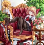  1girl absurdres ascot black_skirt black_vest blonde_hair brown_pantyhose closed_mouth collared_shirt commentary_request couch cup flower hair_ribbon highres looking_at_viewer medium_hair on_couch pantyhose phonograph pink_flower pink_rose plant red_ascot red_eyes red_ribbon ribbon rose rumia shirt shoes sitting skirt skirt_set solo tea teacup teapot thighband_pantyhose touhou unworn_shoes vase vest white_shirt zetubouog3 