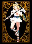  areolae belt blonde_hair boots braid breasts center_opening cleavage covered_nipples green_eyes hair_ornament highres jewelry large_breasts legs long_hair nipples ooyama_(o-yama) sandals see-through shield skirt solo sophitia_alexandra soulcalibur soulcalibur_iv sword thighs vambraces weapon 