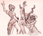 2018 5_fingers bare_chest beatrice_(over_the_garden_wall) butt cartoon_network clothed clothing clothing_lift devil_horns_(gesture) dress dress_lift english_description featureless_crotch female female/female female_humanoid fingers freckled_arms freckled_butt freckled_face freckled_legs freckles gesture greyscale group hair hand_gesture hat headgear headwear humanoid humanoid_hands ink_(artwork) long_tongue lorna_(over_the_garden_wall) male male_humanoid monochrome no_pupils over_the_garden_wall pointing pointing_at_pussy sharp_teeth short_hair smile tanicus teeth the_beast_(over_the_garden_wall) tongue traditional_media_(artwork) trio white_clothing white_hat white_headwear