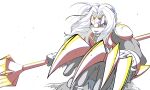 action_pose anthro armor artiomon bandai_namco bared_teeth bear blue_eyes bottomwear claw_(weapon) clothed clothing digimon digimon9708 digimon_(species) dust eyelashes female foreshortening fur grey_body grey_fur hair headgear hi_res holding_melee_weapon holding_object holding_polearm holding_spear holding_weapon kemono mammal melee_weapon polearm pose simple_background skirt solo spear star teeth weapon white_background white_hair