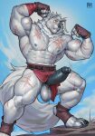 2026 abs absurd_res anthro arm_scar artist_logo balls belt biceps big_muscles black_claws bodily_fluids bottomwear bottomwear_aside brown_clothing brown_gloves brown_handwear canid canine canis chest_scar claws clothed clothing clothing_aside cloud day edvardiko erection eye_scar eyebrows facial_scar fist flexing fluffy fluffy_tail forearm_muscles foreskin front_view full-length_portrait fur genital_fluids genitals gloves grey_nipples grey_nose grey_penis hair handwear hi_res huge_muscles leg_scar logo loincloth loincloth_aside looking_down looking_down_at_genitalia looking_down_at_penis male male_anthro mammal mane mane_hair muscular muscular_male navel nipples outside partially_clothed partially_clothed_male pawpads pecs penis portrait precum precum_string quads red_bottomwear red_clothing red_loincloth retracted_foreskin scar scars_all_over serratus shaded sky snaggle_tooth solo standing surprised tail triceps vein veiny_penis white_body white_eyebrows white_fur wolf wraps wrist_wraps