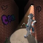 1:1 absurd_res alley anthro balls blue_hair bodily_fluids bottle brick brick_wall canid canine canis clenched_teeth container cum ejaculation eyes_closed fox fur genital_fluids genitals graffiti grey_body grey_fur hair hi_res humanoid_genitalia humanoid_penis leaning_on_wall male mammal masturbation multicolored_penis nude outside paws penis rookspirit solo spotlight standing teeth text wall_(structure) wolf