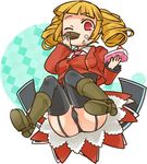  beelzebub black_legwear black_panties blonde_hair cake drill_hair eating food food_on_face garter_straps kamaboko_red lowres one_eye_closed panties red_eyes showgirl_skirt solo stakes_of_purgatory thighhighs umineko_no_naku_koro_ni underwear 