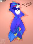 3:4 accessory anthro avian avian_butt avian_feet beak beakstick bed bent_legs blue_body blue_feathers close-up english_description feather_hair feathered_body feathers female fluffy front_view furgonomics furniture generation_9_pokemon genital_close-up genitals hair hi_res hybrid latina lipstick makeup nintendo pinup pluma_artist pokemon pokemon_(species) pose pseudo_hair qr_code quaquaval red_body red_feathers relaxing simple_background solo spanish_text spread_arms spread_legs spreading tail tail_feathers text vaginal vulva vulva_close-up weni_(pluma_artist) white_body white_feathers