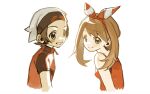  1boy 1girl beanie bow_hairband brendan_(pokemon) brown_hair commentary_request cropped_torso grey_eyes grin hairband happy hat highres korean_commentary long_hair may_(pokemon) pokemon pokemon_omega_ruby_and_alpha_sapphire red_hairband red_shirt shirt short_hair short_sleeves sleeveless sleeveless_shirt smile teeth up0pu zipper_pull_tab 
