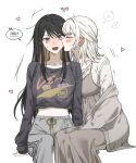 ! !! 2girls 9_(hcl9fg) bang_dream! bang_dream!_our_notes blonde_hair blush brown_hair cardigan colored_inner_hair commentary_request dress earrings fangs grey_cardigan grey_dress grey_pants grey_sweater heart highres jewelry kiss kissing_cheek korean_commentary korean_text long_hair long_sleeves mahashi_miku medium_hair midriff multicolored_hair multiple_girls off_shoulder open_mouth pants spoken_exclamation_mark suga_raika sweater translation_request white_hair yellow_eyes yuri 