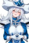  1girl absurdres bamboo_tac blue_dress blue_gem blush breasts brown_eyes dress duel_monster gem gloves grey_hair hat highres large_breasts long_hair long_sleeves looking_at_viewer open_mouth silent_magician silver_trim smile solo tabard taut_clothes taut_dress white_background white_gloves white_hat white_tabard witch witch_hat yu-gi-oh! 
