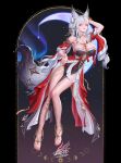  1girl absurdres animal_ear_fluff animal_ears arm_up bare_shoulders barefoot black_dress breasts chest_tattoo commentary_request dress fingernails forehead_tattoo fox_ears fox_girl fox_tail full_body hair_ornament highres hsin_(wuthering_waves) korean_commentary large_breasts logo long_fingernails long_hair looking_at_viewer nail_polish orange_eyes parted_lips red_nails revision single_hair_intake sky smile solo star_(sky) starry_sky tail tattoo toenail_polish toenails ttang_ttang white_hair wuthering_waves 