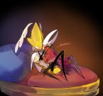 android anthro arthropod bed blush bodily_fluids butt clitoral clitoral_rubbing cloak clothing dialogue digital_drawing_(artwork) digital_media_(artwork) duo ejaculation english_text female female/female female_orgasm flat_chested furniture genital_fluids genitals hand_on_head hat_feather headgear headwear hi_res hollow_knight:_silksong hollow_knight_(franchise) hornet_(hollow_knight) hug intimate kneeling looking_pleasured loose_feather lying machine metal motion_lines narrowed_eyes nonbinary_(lore) nude on_another on_back on_bed orgasm oxide_cat red_cloak red_clothing robot second_sentinel segmented_body sex shaking simple_background team_cherry text tribadism vaginal vaginal_fluids vaginal_squirting vulva