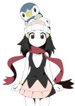  1girl absurdres afuron beanie black_eyes black_hair black_shirt bracelet clenched_hands closed_mouth commentary cowboy_shot dawn_(pokemon) eyelashes hair_ornament hairclip hat highres jewelry long_hair looking_at_viewer on_head pink_skirt piplup pokemon pokemon_(creature) pokemon_diamond/pearl/platinum pokemon_on_head red_scarf scarf shirt sidelocks simple_background skirt sleeveless sleeveless_shirt white_background white_hat 