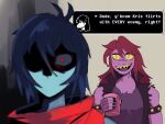 2026 4:3 ambiguous_gender angry anthro black_nails blue_body blue_hair bracelet clothing colored_nails container cup deltarune dialogue dialogue_box english_text female freckles goyda67 hair holding_container holding_cup holding_object human jewelry kris_dreemurr long_hair mammal mouthless nails open_mouth purple_body red_eyes red_hair red_scarf scalie scarf shadowed_eyes shirt short_hair snout spiked_bracelet spikes susie_(deltarune) teeth text topwear torn_clothing torn_jacket torn_shirt torn_topwear undertale_(series) yellow_sclera yellow_teeth