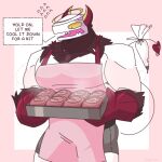 2024 2_horns anthro apron artist_name biceps big_muscles blush blush_lines bottomwear broad_shoulders cinnamon_bun clothed clothed_anthro clothed_male clothing deltoids dialogue digital_drawing_(artwork) digital_media_(artwork) english_text fingers flesh_fang food front_view fully_clothed fully_clothed_anthro fully_clothed_male fur grey_bottomwear grey_clothing grey_shorts halo handwear head_horn hi_res holding_tray horn huge_muscles karma_(skykdotidot) looking_down male male_anthro mittens muscular muscular_anthro muscular_male neck_tuft open_mouth pastry pecs pink_apron pink_background pink_clothing portrait pupils purple_body purple_fur red_clothing red_handwear red_mittens shorts simple_background skykdotidot slit_pupils solo spade_tail speech_bubble sweatdrop_(iconography) tail tail_holding_object text three-quarter_portrait tuft unknown_species white_body yellow_eyes