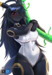 2026 5_fingers :3 absurd_res ahoge anthro anthrofied armband artist_name bangs biped black_body black_hair blush blush_lines breasts choker clothing collarbone colored detailed digital_drawing_(artwork) digital_media_(artwork) eeveelution english_text eyebrows eyelashes face_squish female female_anthro fingers generation_2_pokemon green_body hair hair_over_eye hi_res hug hugging_object jewelry long_hair looking_at_viewer markings medium_breasts navel_outline necklace nintendo one-piece_swimsuit one_eye_obstructed pixiv pixiv_logo pokemon pokemon_(species) portrait pose pupils red_sclera ring_(marking) shaded side_bangs signature simple_background solo squish standing swimwear tail text thick_thighs three-quarter_portrait twitter twitter_logo umbreon wettestrabbit white_background white_clothing white_one-piece_swimsuit