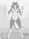 2026 anthro armband armwear canid canine canis cape clothing collie digital_media_(artwork) domestic_dog female fur greyscale herding_dog hi_res jewelry magic_user mammal monochrome mostly_nude necklace nude pastoral_dog sheepdog signature solo staff strikersa