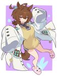  1girl agnes_tachyon_(tach-nology)_(umamusume) agnes_tachyon_(umamusume) ahoge animal_ears animal_slippers breasts brown_hair coat commentary cork earrings hair_between_eyes highres horse_ears horse_girl horse_tail jewelry lab_coat long_sleeves medium_breasts necktie parted_lips pink_slippers red_eyes shirt short_necktie single_earring sleeves_past_fingers sleeves_past_wrists slippers smile solo sweater sweater_vest tail test_tube umamusume white_coat wolf_cut xxskreamlo87809 yellow_sweater yellow_sweater_vest 