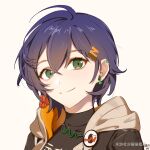  1girl ahoge bad_link bad_miyoushe_link bad_source belle_(zenless_zone_zero) black_jacket black_shirt blue_hair closed_mouth earrings green_eyes jacket jewelry maomaowozhao shirt short_hair simple_background smile upper_body white_background zenless_zone_zero 