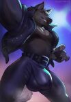anthro belt big_bulge bottomwear bulge canid canine canis casual_clothing clothing detailed_bulge fangs hi_res jacket leather leather_bottomwear leather_clothing leather_jacket leather_pants leather_topwear looking_at_viewer male mammal pants rosemary02 solo teeth tight_bottomwear tight_clothing tight_pants topwear wolf