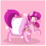 1:1 accessory big_diaper bow_(feature) bow_ribbon clothed clothing cutie_mark diaper diaper_fetish diaper_puff equid equine fan_character female feral furgonomics hair hasbro heart_symbol hi_res horn jupiters mammal mantra_(oc) my_little_pony mythological_creature mythological_equine mythology pink_body pink_diaper purple_hair purple_tail ribbons solo tail tail_accessory tail_bow tail_ribbon unicorn wearing_diaper