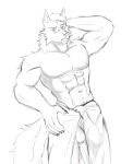 abs absurd_res anthro balls barely_visible_genitalia barely_visible_penis biped bulge canid canine canis detailed_bulge eyewear genital_outline genitals glasses hi_res konro line_art male male_anthro mammal muscular muscular_anthro muscular_male pecs penis penis_base penis_outline solo towel vein veiny_penis wolf