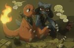 bag charmander claws dialogue duo generation_1_pokemon generation_4_pokemon gesture hand_gesture mail male map nintendo paper pawpads paws pointing pokemon pokemon_(species) pokemon_mystery_dungeon qrnrr riolu scarf simple_background sitting sleeping speech_bubble spike_chunsoft stick tail talking_to_another text tired tongue tongue_out