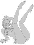  1girl absurdres american_flag american_flag_bikini american_flag_print bare_shoulders barefoot bikini blush breasts bun_cover choker cleavage fate/grand_order fate_(series) flag_print flag_print_bikini greyscale grin hair_bun hair_ribbon highres large_breasts legs legs_up long_hair looking_at_viewer lying minew miyamoto_musashi_(fate) miyamoto_musashi_(swimsuit_berserker)_(fate) miyamoto_musashi_(swimsuit_berserker)_(second_ascension)_(fate) monochrome on_back print_bikini ribbon single_side_bun smile solo swept_bangs swimsuit 