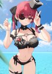  1girl absurdres bikini black_bikini black_hat blue_sky blurry blurry_foreground breasts character_name cleavage closed_mouth commentary_request cowboy_shot day dot_nose eyepatch hat highres hololive hololive_dreams houshou_marine houshou_marine_(hoard_the_loot!) large_breasts lens_flare looking_at_viewer official_alternate_costume outdoors palm_tree red_eyes red_hair sky smile solo swimsuit thomas_8000 tree twintails v virtual_youtuber 