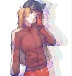  1girl afterimage black_hat blue_eyes bodysuit commentary covering_one_eye evangelion:_3.0_you_can_(not)_redo hat hat_with_ears highres jacket long_hair looking_at_viewer mecha_pilot_suit neon_genesis_evangelion orange_hair parted_lips plugsuit_(evangelion) rebuild_of_evangelion red_bodysuit red_jacket simple_background souryuu_asuka_langley standing white_background yugoaurita 