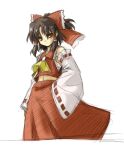  1girl 2000s_(style) ascot bow brown_eyes brown_hair closed_mouth commentary_request cowboy_shot crop_top detached_sleeves elehime expressionless frilled_bow frilled_hair_tubes frills hair_bow hair_tubes hakurei_reimu high_ponytail looking_at_viewer medium_hair midriff navel ponytail red_bow red_shirt red_skirt ribbon-trimmed_sleeves ribbon_trim sarashi shirt sidelocks simple_background skirt skirt_set sleeveless sleeveless_shirt sleeves_past_fingers sleeves_past_wrists solo touhou white_background white_sleeves yellow_ascot 