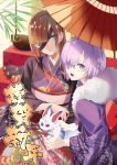  2girls :d black_eyepatch blue_eyes brown_hair commentary_request creature eyepatch fate/grand_order fate_(series) fou_(fate/grand_order) fuku_(pukuyan) fur-trimmed_kimono fur_trim glasses hair_over_one_eye highres japanese_clothes kimono long_hair looking_at_viewer mash_kyrielight multiple_girls open_mouth ophelia_phamrsolone oriental_umbrella purple_eyes purple_hair purple_kimono short_hair smile translation_request umbrella 