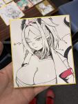  1girl armband ars_magna_doomz bandaid bandaid_on_face bandaid_on_nose breasts chest_sarashi cleavage commentary doomz_vii_seven_-_elara dragon_girl dragon_horns dragon_tail duel_monster highres horns large_breasts looking_at_viewer one_eye_closed photoshop_(medium) red_eyes sarashi shikishi solo spot_color tail upper_body wa_tsuji yu-gi-oh! 