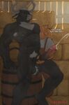 abs anthro anthro_on_anthro areola armpit_hair armpit_tuft ball_tuft balls barn barrel big_balls big_penis biped black_body black_fur bodily_fluids body_hair border bovid bovine butt cattle cheepdeeper circumcised clenched_teeth clothed clothed_anthro clothed_male clothing colored controller cum cumshot dialogue domestic_cat dominant duo ear_piercing ear_tag ejaculation english_text erection eyes_closed facial_hair felid feline felis fence fingers fur genital_fluids genital_piercing genitals glans grey_border grey_hair grunting hair hand_on_penis handjob hay hay_bale hi_res horn huge_penis humanoid_genitalia humanoid_hands humanoid_penis inside interspecies long_penis male male/male mammal motion_blur muscular muscular_anthro muscular_male muscular_top nipple_piercing nipple_ring nipples nude nude_anthro nude_male orange_body orange_fur orgasm pecs penile penis penis_piercing piercing prince_albert_piercing pubes ring_piercing sex shaded sitting size_difference smile tail talking_to_another teeth text tuft vein veiny_penis white_body white_fur