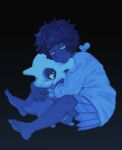  1boy absurdres aged_down barefoot blue_eyes blue_theme child commentary crossover crying crying_with_eyes_open cubone dungeon_meshi highres hug kabru male_focus pokemon pokemon_(creature) sitting snot tagasaing tears 