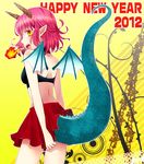  2012 breathing_fire dragon_girl dragon_horns dragon_tail dragon_wings english fire flame from_behind happy_new_year horns making_of mochizuki_mina monster_girl new_year open_mouth original pink_hair pointy_ears short_hair skirt solo tail wings yellow_background yellow_eyes 
