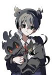  1boy black_eyes black_hat closed_mouth collared_shirt commentary_request creature_and_personification frown grey_hair hair_between_eyes hat highres holding holding_pokemon long_sleeves looking_down male_focus marshadow personification pokemon pokemon_(creature) shirt short_hair simple_background up0pu white_background white_shirt 