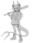  1girl absurdres boots bracelet breasts choker curled_horns dragon_horns dragon_tail earrings elizabeth_bathory_(fate) elizabeth_bathory_(perfect)_(first_ascension)_(fate) fate/grand_order fate_(series) full_body greyscale hair_ribbon highres horns jewelry long_hair looking_at_viewer minew monochrome off_shoulder pointy_ears ribbon shirt short_sleeves small_breasts solo spiked_bat tail thigh_strap two_side_up 