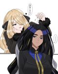  2girls alternate_breast_size_(larger) black_coat black_hair black_jacket blonde_hair blue_shirt breasts closed_mouth coat cynthia_(pokemon) dark-skinned_female dark_skin dsmk_pk fur-trimmed_coat fur-trimmed_sleeves fur_collar fur_trim geeta_(pokemon) grey_eyes hair_ornament hair_over_one_eye half-closed_eyes heart highres implied_yuri jacket large_breasts long_hair long_sleeves massaging_device multiple_girls neck_ribbon pokemon pokemon_diamond/pearl/platinum pokemon_scarlet_and_violet ribbon scalp_massager shirt smile trait_connection very_long_hair yellow_ribbon 