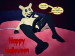 anthro balls bed bodily_fluids clothed clothing covered_face digital_media_(artwork) dustin_c erection furniture generation_7_pokemon genital_fluids genitals hi_res hood_up hoodie humanoid_genitalia humanoid_penis looking_at_viewer lying male mimikyu nintendo nude on_bed open_mouth penile penis pokemon pokemon_(species) simple_background smile solo tail text topwear