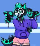 absurd_res anthro black_body black_fur blue_background bubble bulge canid canine canis chonkaz clothing confusion dripping fur glistening glistening_body goo_creature green_body green_fur grey_body grey_fur growth hi_res hypnosis latex latex_transformation legwear limb_growth looking_at_self looking_back male mammal mask mind_control moobs onyx_(chonkaz) open_mouth overweight simple_background solo standing swirl tail thigh_highs tight_clothing trans_(lore) trans_man_(lore) transformation weight_gain whisker_spots wolf