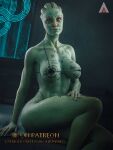 2026 3:4 3d_(artwork) abs alien alien_humanoid asari big_breasts bikini bioware body_writing breasts clothing collarbone digital_media_(artwork) electronic_arts eyelashes facial_markings female green_body green_eyes green_skin hand_on_leg hand_on_thigh head_markings hi_res humanoid markings mass_effect micro_bikini not_furry plague_of_humanity_(artist) shiala sitting solo swimwear text two-piece_swimsuit url writing_on_belly writing_on_breasts