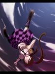  bad_id bad_pixiv_id blurry brown_eyes brown_hair cellphone checkered checkered_skirt geta highres himekaidou_hatate letterboxed long_hair motion_blur one_eye_closed open_mouth phone s-syogo skirt sky solo touhou twintails upside-down 