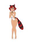  1girl animal_ear_hairband animal_ears bare_arms bare_legs bare_shoulders black_hairband blue_eyes blush breasts clenched_hands collar collarbone commentary detached_collar dongho_kang dot_nose english_commentary eyelashes fake_animal_ears full_body gundam gundam_suisei_no_majo hair_tie hairband hands_up highres knees_together_feet_apart leaning_forward leotard long_hair looking_at_viewer necktie open_mouth ponytail red_hair shoes simple_background small_breasts solo standing suletta_mercury tail thick_eyebrows white_background white_collar white_leotard white_shoes yellow_necktie 