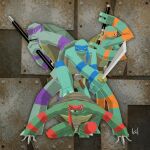  4boys artist_name blue_mask bo_staff bolt_(hardware) brothers check_commentary colored_skin commentary_request copyright_name donatello_(tmnt) dual_wielding fighting_stance full_body green_background green_skin highres holding holding_nunchaku holding_staff holding_sword holding_weapon katana kit_(kittic) leonardo_(tmnt) male_focus mask michelangelo_(tmnt) multiple_boys ninja nunchaku orange_mask purple_mask raphael_(tmnt) red_mask rust sai_(weapon) sewer siblings signature squatting staff sword teenage_mutant_ninja_turtles text_background turtle_boy turtle_shell weapon 