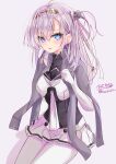  1girl absurdres black_sailor_collar blush bodysuit breasts clothes_writing commentary_request gloves grey_eyes grey_hair grey_jacket hachimaki hair_between_eyes headband highres hizaka jacket kantai_collection long_hair looking_at_viewer medium_breasts neckerchief one-hour_drawing_challenge one_side_up sailor_collar school_uniform serafuku sitting skirt smile solo suzutsuki_(kancolle) white_headband white_neckerchief 