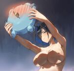  1girl absurdres armpits black_hair blue_eyes blue_hair breasts colored_inner_hair commentary from_below hair_intakes hand_shadow_covering_breasts_(meme) highres holding hololive hololive_english kronie_(ouro_kronii) large_breasts meme multicolored_hair no_nipples nude ouro_kronii outstretched_arms short_hair solo upper_body virtual_youtuber zargaz 