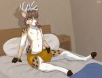 after_transformation anthro antlers ceedee_(miso5k) clothed clothing clothing_pull crossgender deer digital_media_(artwork) female_(lore) fingers ftm_crossgender fur hair hi_res hooves horn implied_transformation male mammal pillow ruth66 sitting solo tail topless topless_anthro topless_male underwear underwear_only underwear_pull