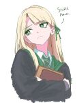  1girl averting_eyes black_robe blonde_hair blunt_bangs book bramovan cardigan commentary crossed_arms english_commentary english_text frown genderswap genderswap_(mtf) green_hood green_necktie green_ribbon grey_eyes hair_over_shoulder hair_ribbon harry_potter_(series) highres hogwarts_school_uniform holding holding_book hood hood_down long_hair malfoid necktie parted_bangs ribbon robe school_uniform shirt simple_background slytherin solo speech_bubble upper_body white_background white_shirt wizarding_world 
