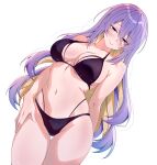  1girl bikini black_bikini breasts colored_inner_hair commentary gradient_eyes gradient_hair halterneck highres hololive hololive_indonesia horisu_(kholiskun) large_breasts long_hair moona_hoshinova multicolored_eyes multicolored_hair navel purple_eyes purple_hair simple_background solo starry_hair string_bikini swimsuit thighs triangle_bikini_top twitter_username virtual_youtuber 
