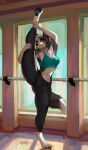 absurd_res anthro athletic_wear barre black_body black_fur border_collie bottomwear breasts brown_eyes canid canine canis claws clothing collie detailed_background domestic_dog female flexible fur hair herding_dog hi_res holding_leg holding_leg_up juiceps leg_grab looking_at_viewer mammal markings medium_breasts pants pastoral_dog pawpads raised_leg ren_collie sheepdog smile solo standing stretching tail tail_markings teeth tiptoes toe_claws white_body white_fur yoga_pants
