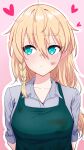 1girl absurdres ahoge apron aqua_eyes averting_eyes blonde_hair blush braid closed_mouth dirty dirty_face green_apron green_hair grey_shirt heart highres long_hair multicolored_hair sample341114 shine_post shirt single_braided_sidelock solo totsuka_nanami two-tone_hair upper_body 